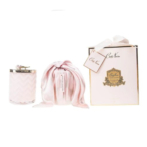 Cote Noire Charente Rose Scented Herringbone Candle with Scarf - Pink & Gold - Rose Brooch